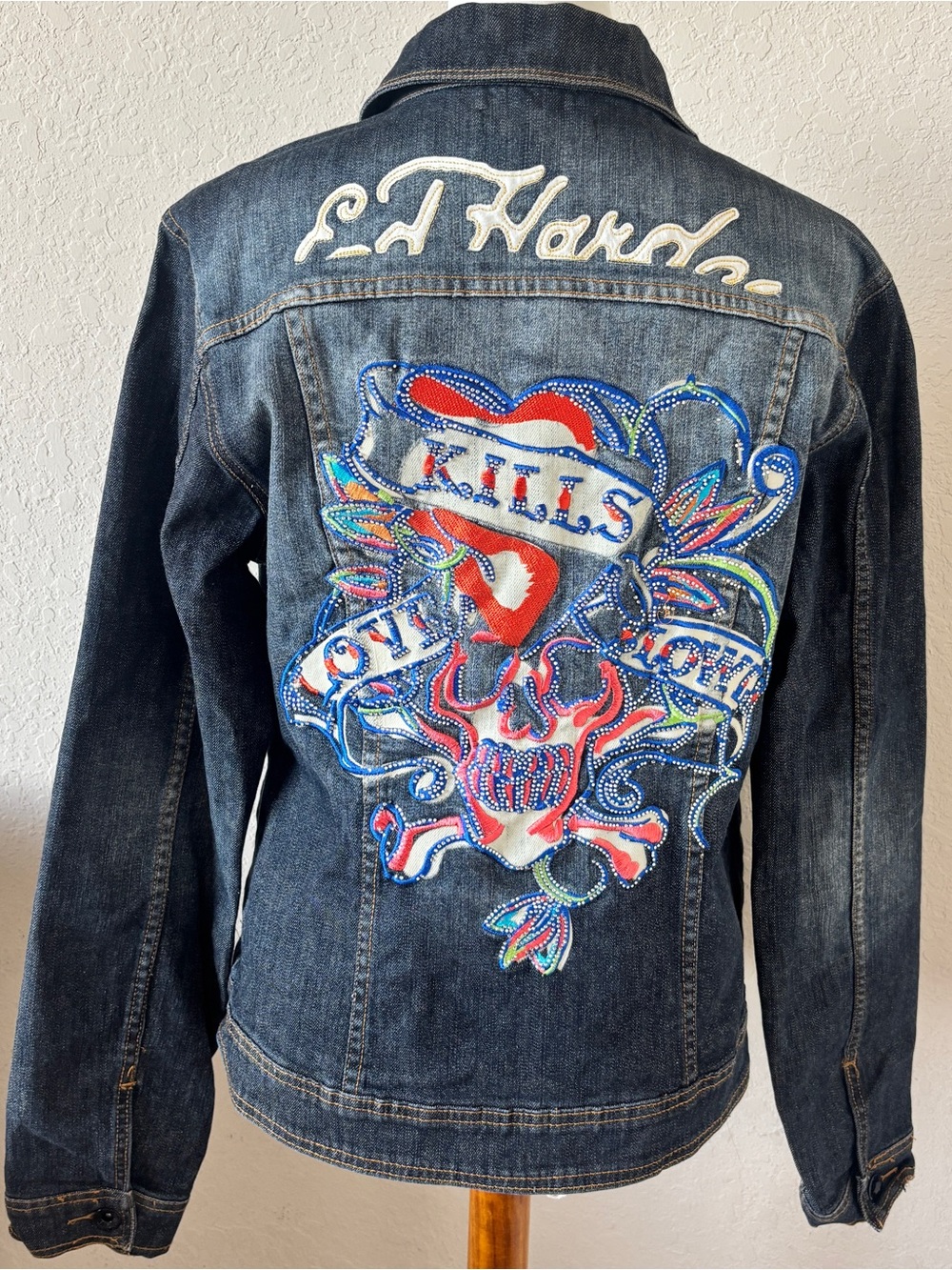 Ed Hardy by Christian Audigier Love Kills Embroidered Rhinestone Denim Jacket XL